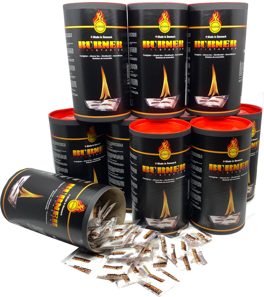 12x Feueranzünder Firestarter Zündbeutel Dose mit 100 Stück - Original aus Dänemark von Burner