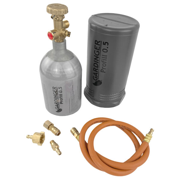 Befüllbare Aluminium Propanflasche Profill 0.5 + Umfüllschlauch + Schnellkupplungen von HUW24