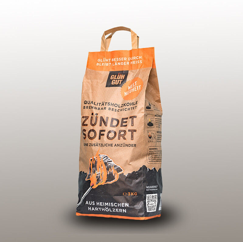 3kg GLÜHGUT | Zündbeschichtete Qualitätsholzkohle | FSC® Zertifiziert | EINFACH - SCHNELL - SICHER von GLÜHGUT