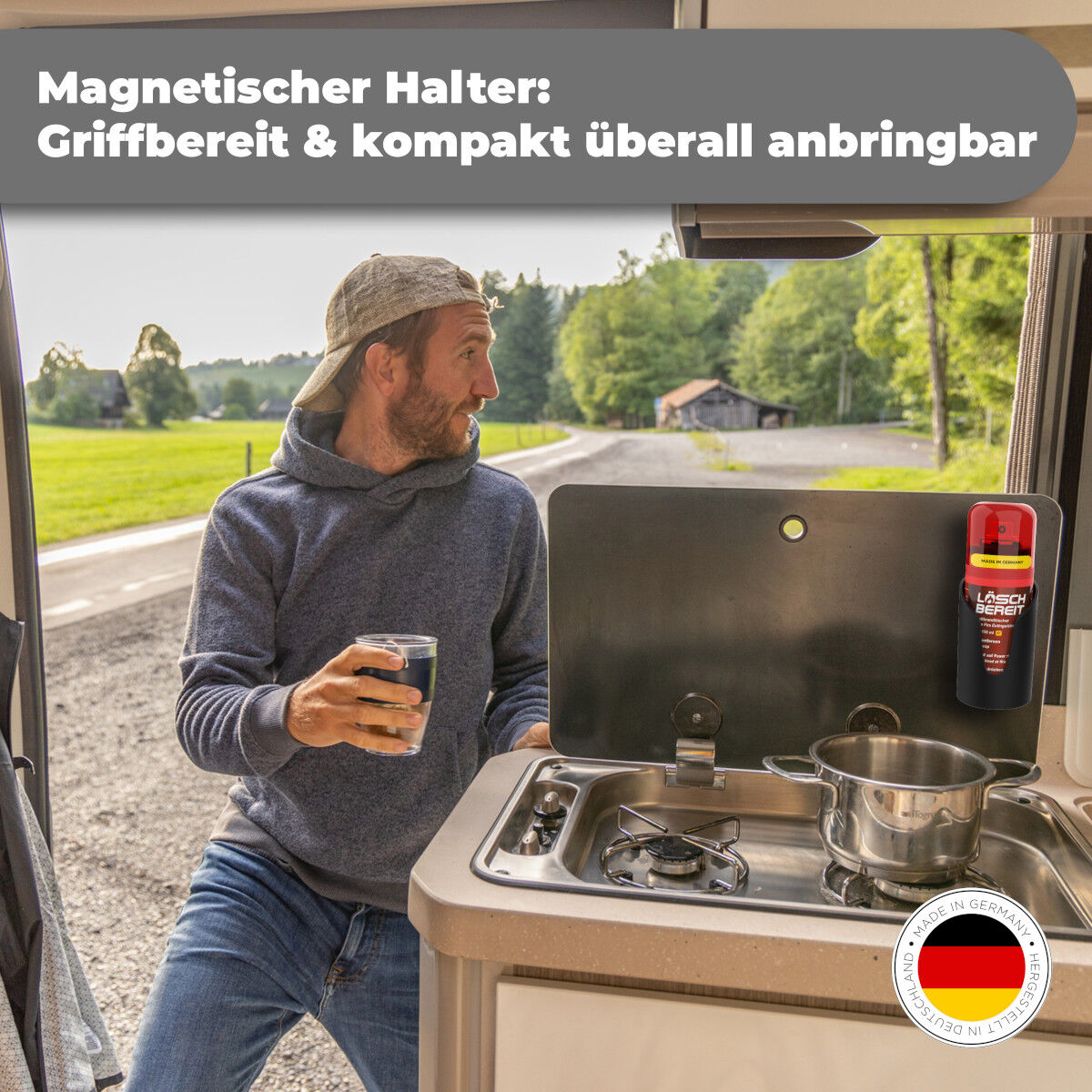 LöschBereit tragbarer Fettbrandlöscher für Camper - Grill - Küche - Werkstatt 150ml von form.bielefeld