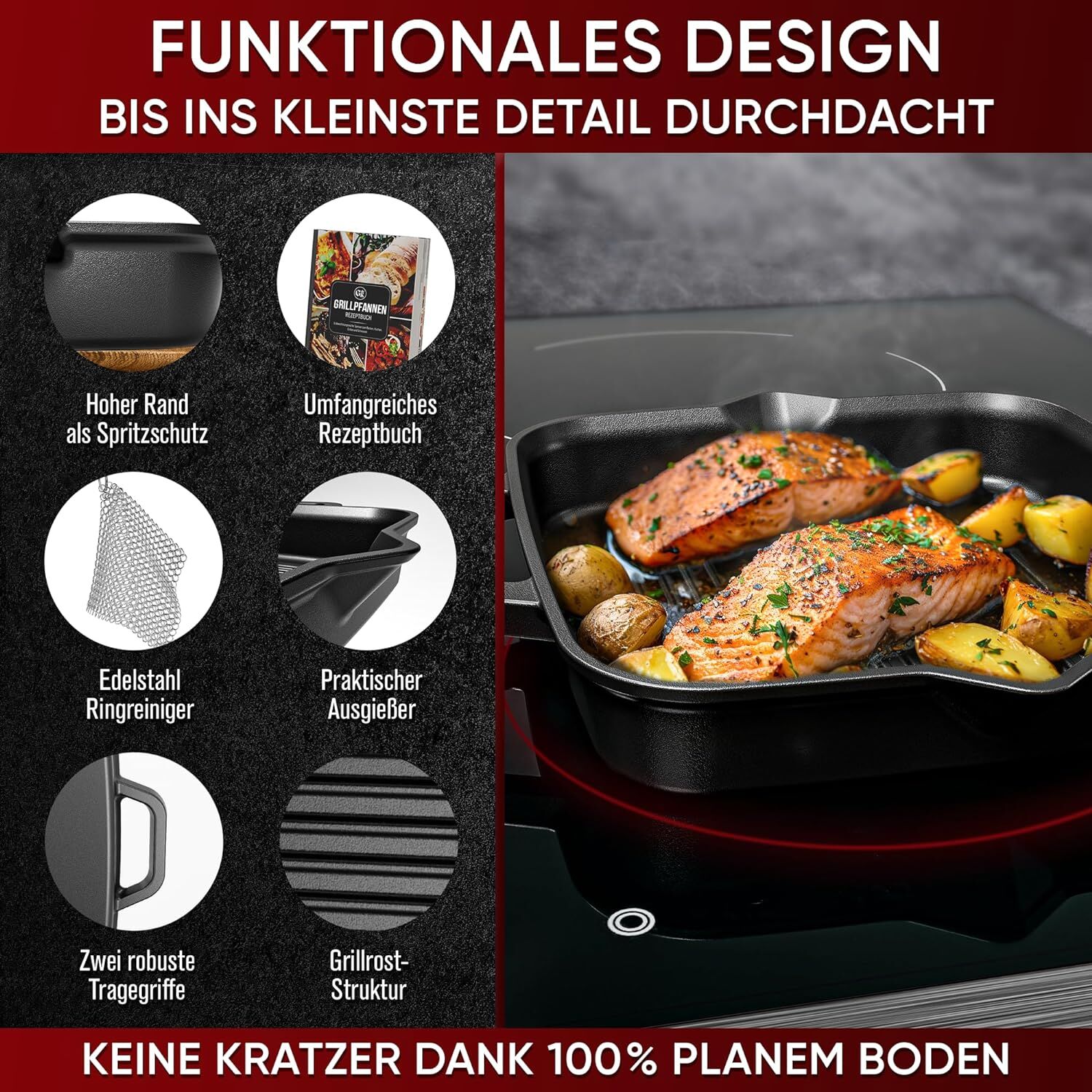 GUSSKÖNIG 30cm quadratische Gusseisenpfanne Pfanne Gusseisen - Grillpfanne Induktion von GUSSKÖNIG