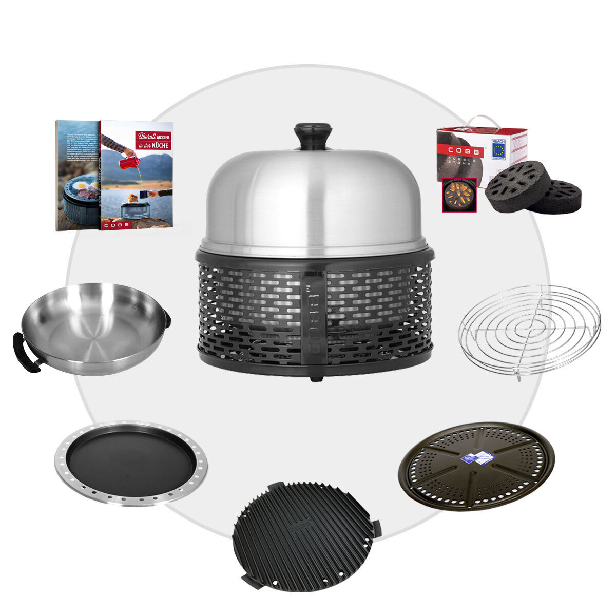 COBB PRO BLACK Holzkohle Grill inkl. Grillplatte ~ 8-teilig inkl. Cobble Stone | SET 4 von Cobb