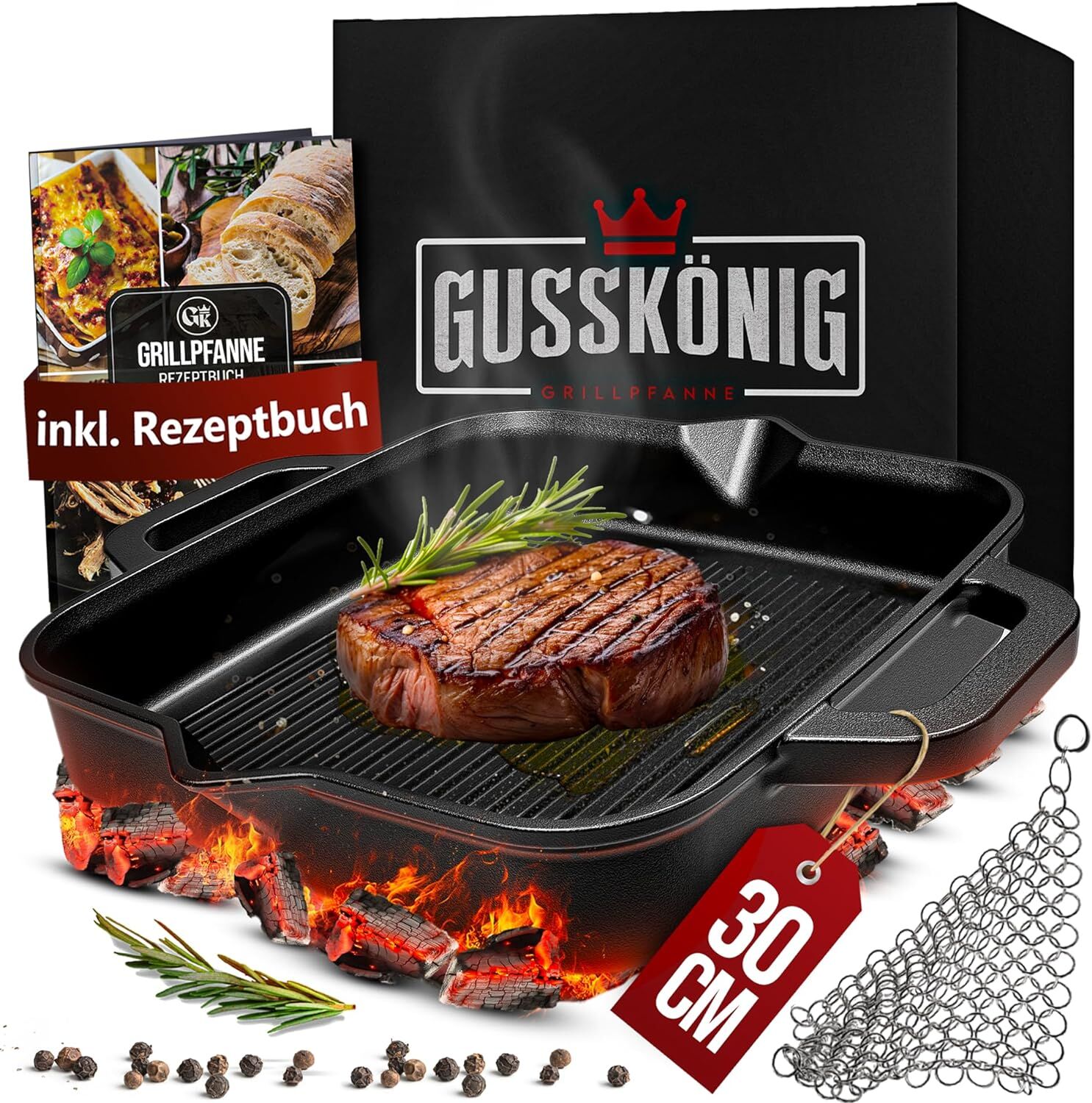 GUSSKÖNIG 30cm quadratische Gusseisenpfanne Pfanne Gusseisen - Grillpfanne Induktion von GUSSKÖNIG