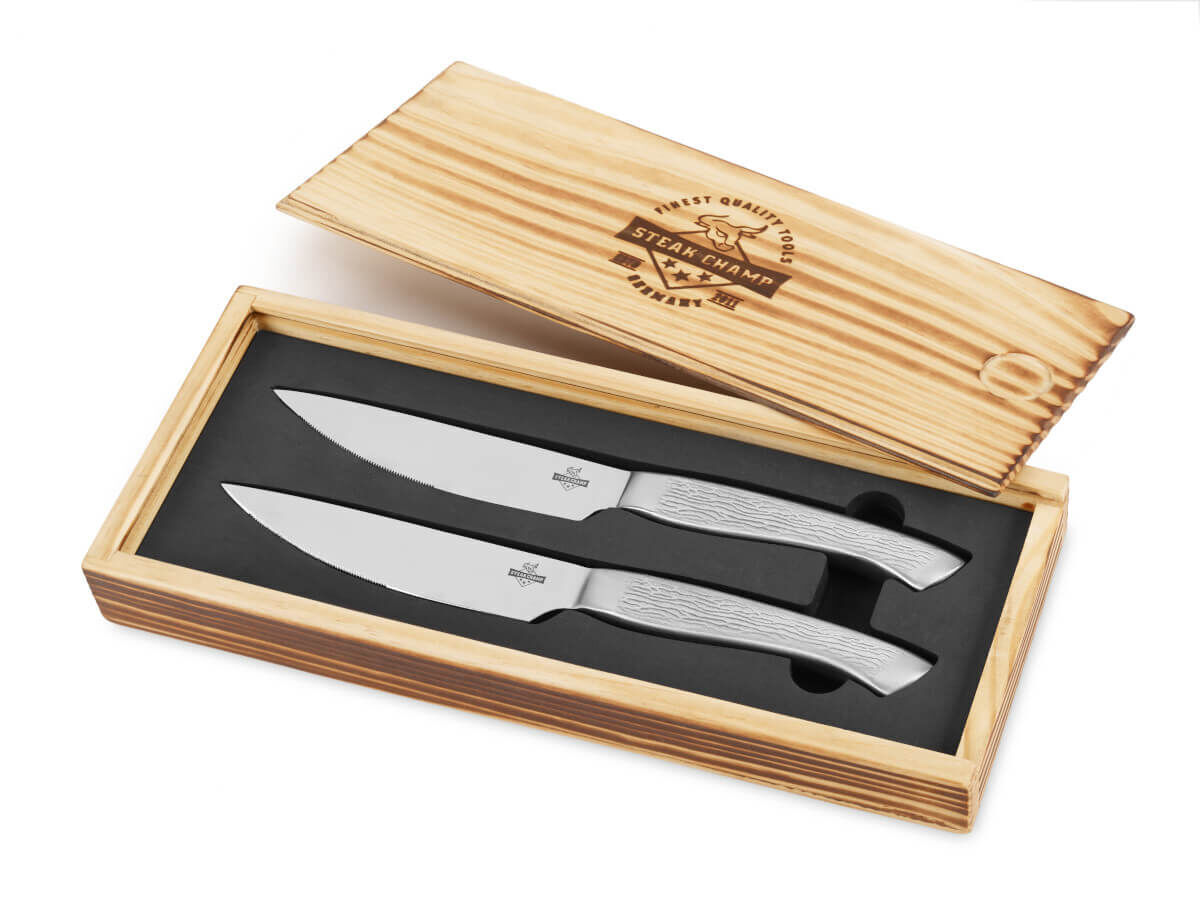2er Set Edelstahl Steakmesser ~ Big Bull ~ in hochwertiger Vollholzbox von Steak Champ