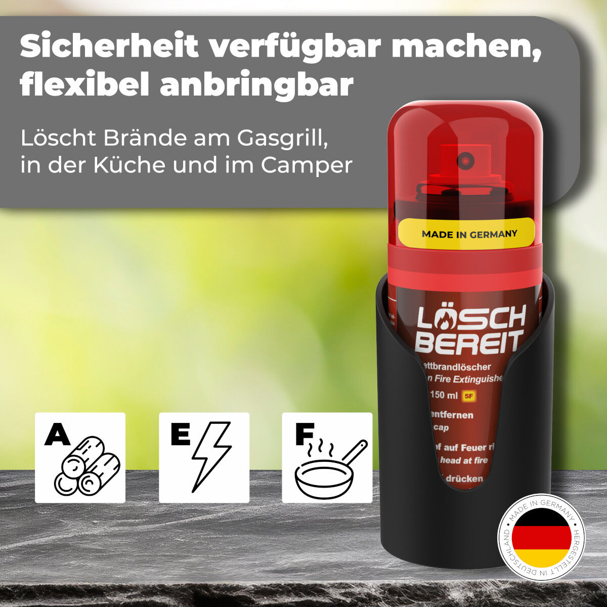 LöschBereit tragbarer Fettbrandlöscher für Camper - Grill - Küche - Werkstatt 150ml von form.bielefeld