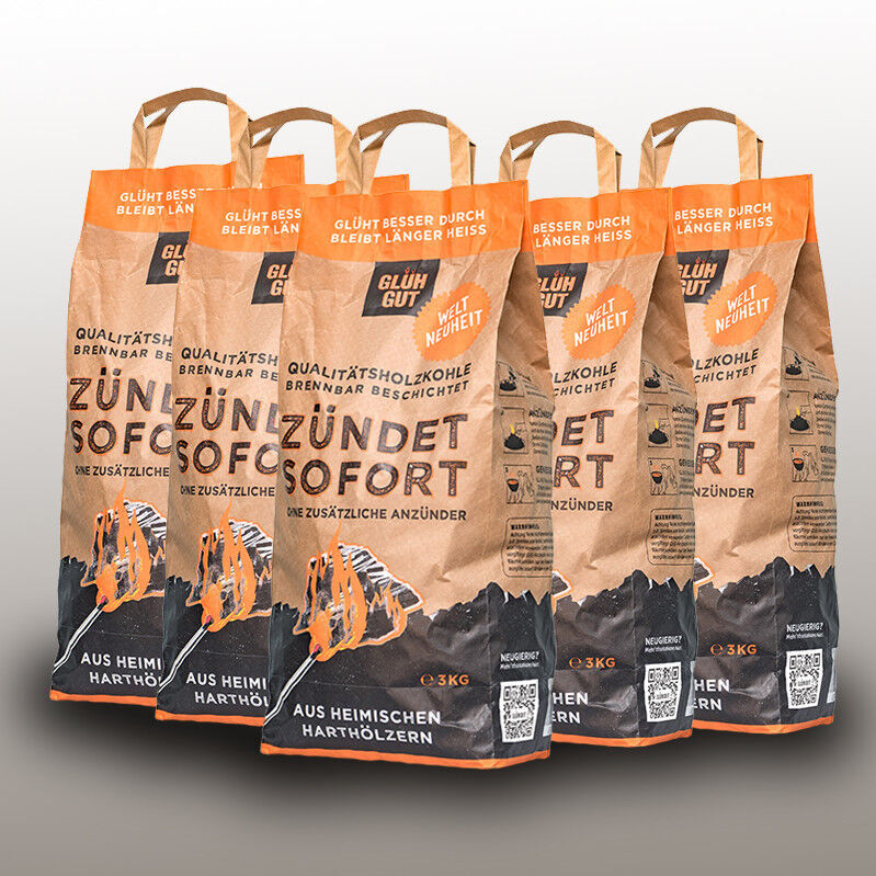 15kg GLÜHGUT | Zündbeschichtete Qualitätsholzkohle | FSC® Zertifiziert | EINFACH - SCHNELL - SICHER von GLÜHGUT