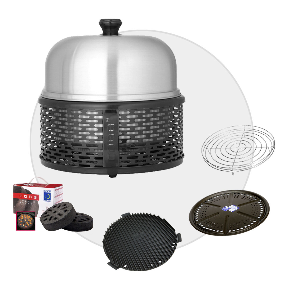 COBB PRO BLACK Holzkohle Grill inkl. Grillplatte ~ 5-teilig inkl. Cobble Stone| SET 1 von Cobb