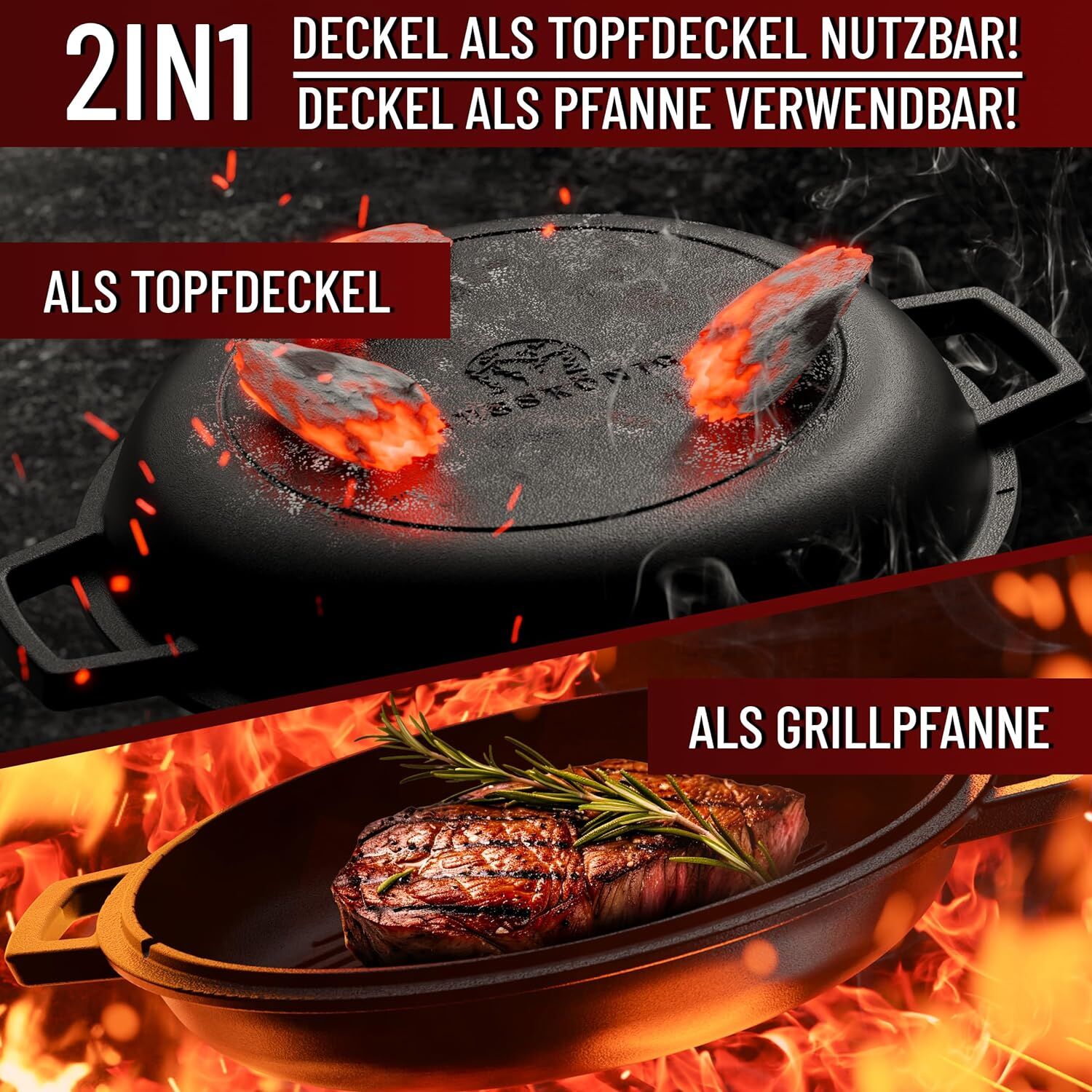 GUSSKÖNIG Dutch Oven - 2in1 Eingebrannter Gusseisen Topf 4,8L & Gusspfanne 1,8L von GUSSKÖNIG